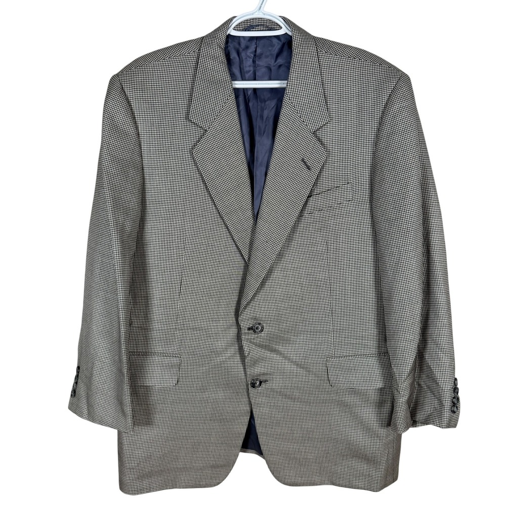 Hickey Freeman Silk Wool Houndstooth Blazer Sport Coat Mens 44R Black White read
